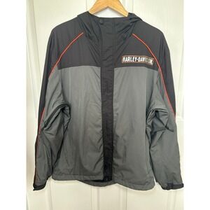 Harley-Davidson Vintage Windbreaker Black‎ Gray Large Logo Hooded Motorcycle